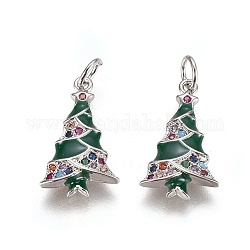 Brass Cubic Zirconia Pendants, with Enamel and Jump Ring, Christmas Tree, Green, Platinum, 18.5x11x3mm, Hole: 3mm