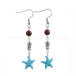 Synthetic Turquoise Dangle Earrings, with Natural Sandalwood and Alloy Beads, 304 Stainless Steel Earring Hooks, Starfish/Sea Stars, 63mm, Pin: 0.7mm