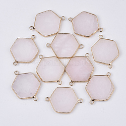 Connecteurs de liens en quartz rose naturel, avec dos ouvert en laiton doré, hexagone, 35x25x3.5mm, Trou: 2mm