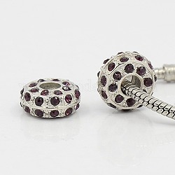 Alloy European Beads, with Grade A Rhinestone Beads, Large Hole Beads, Rondelle, Platinum Metal Color, Amethyst, 14x7mm, Hole: 5mm