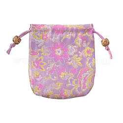 Pochettes d'emballage de bijoux en satin à motif de fleurs de style chinois, sacs-cadeaux à cordon, rectangle, Prune, 10.5x10.5 cm
