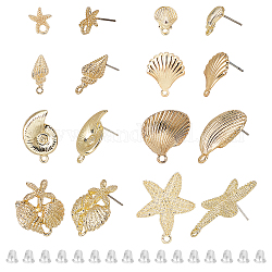 CHGCRAFT 32Pcs 8 Style Sea Animal Gold Ear Studs with Loop Hole Earring Posts and Backs Sea Animal Earring Charms with Protective Cover 50Pcs Ear Nuts for Earring Jewellery Making, Light Gold
