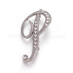 Alloy Brooches, with Rhinestone, Letter, Letter.P, Platinum, 49x29x4mm, Pin: 1mm