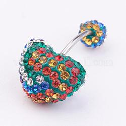 Austrian Crystal Belly Rings, with 316 Stainless Steel and Polymer Clay, Round, Colorful, Size: Length: about 27mm long