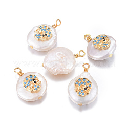 Pendentifs de perles d'eau douce de culture naturelle, avec accessoires zircon cubique micro pave en laiton, pépites avec crâne, or, bleu profond du ciel, 17~26x11~16x5~11mm, Trou: 1.6~2mm