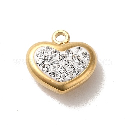 304 charms in acciaio inox, con rhinestone di cristallo, fascino cuore, vero placcato oro 14k, 11x11x5.5mm, Foro: 1.6 mm
