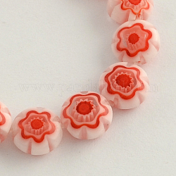 Chapelets de perle de millefiori en verre manuelles, plat rond, rouge, 8x4mm, Trou: 1mm, Environ 50 pcs/chapelet, 15.3 pouce