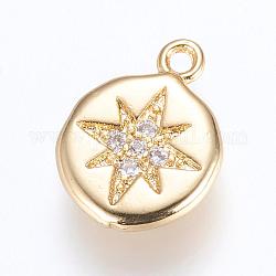 Brass Charms, with Cubic Zirconia, Flat Round with Star, Golden, 13x9.5x2mm, Hole: 1mm