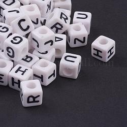 Perles de lettre de trou horizontal acrylique, mélange de lettres de A à Z, cube, blanc, 8x8x8mm, Trou: 4mm
