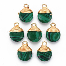 Synthetic Malachite Pendants, with Golden Brass Findings and Iron Loop, Flat Round, 14x10.5x5.5mm, Hole: 1.8mm