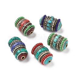 Handmade tibetischen Stil Perlen, mit Messingbeschlägen und synthetischem Türkis, Oval, Antik Silber Farbe, Mischfarbe, 20~25x14 mm, Bohrung: 1.2 mm