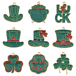 SUNNYCLUE 18Pcs 9 Styles Saint Patrick's Day Alloy Enamel Pendants, with Sequins, Word Luck/Hat/Clover, Green, 25.5~29x22~29x2mm, Hole: 1.5mm, 2pcs/style
