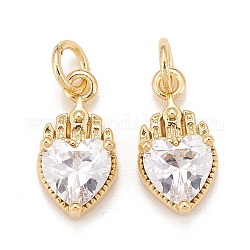 Brass Inlaid Clear Cubic Zirconia Charms, Real 18K Gold Plated, Lead Free & Cadmium Free, Heart, Clear, 14x7x4mm, Hole: 3mm
