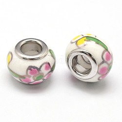 Handgemachten Fimo-Unterlegscheibe European Beads, Großloch perlen, mit Platin Farbe Messing Doppelkerne, Schnee, 13x9 mm, Bohrung: 5 mm