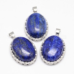 Pendentifs en lapis lazuli naturel, avec les accessoires en laiton, ovale, teinte, platine, 30x21x10~11mm, Trou: 6x4mm