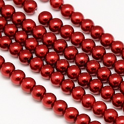Fili di perle rotonde di perle di vetro tinto ecologico, cavetto in cotone filettato, rosso, 6mm, Foro: 0.7~1.1 mm, circa 72pcs/filo, 15 pollice