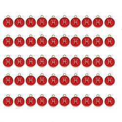 Pendentifs d'émail en alliage, plat rond avec constellation, or clair, rouge, Poissons, 15x12x2mm, Trou: 1.5mm, 50 pcs / boîte