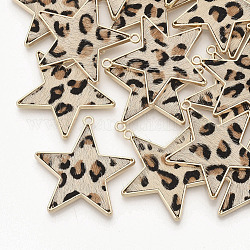Pendentifs en cuir de vachette écologique, avec des supports de cabochon en alliage plaqué or, étoile avec motif imprimé léopard, blé, 36.5x35x2~3mm, Trou: 1.8mm