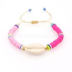Natural Shell & Polymer Clay Heishi Braided Bead Bracelet, Adjustable Preppy Bracelet for Women, Colorful, 10-1/4 inch(26cm)