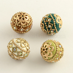Round Handmade Rhinestone Indonesia Beads, with Golden Tone Alloy Cores, Mixed Color, 19~21mm, Hole: 2mm