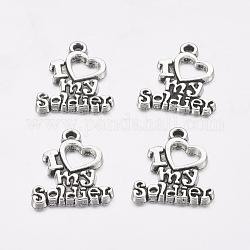 Tibetan Style Alloy Message Pendants, Heart with Words I Love My Soldier, Cadmium Free & Lead Free, Antique Silver, 19x17x2mm, Hole: 2mm