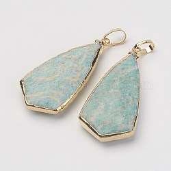 Natural Flower Amazonite Pendants, with Golden Tone Brass Findings, Triangle, Fceted, 34~35x16~17x6~7mm, Hole: 4x5.5mm