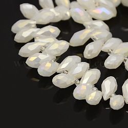 Pendentifs en verre galvanisé à facettes en forme de larme brins de perles, perles percées, de couleur plaquée ab , blanc, 12x6mm, Trou: 1mm, Environ 100 pcs/chapelet, 15.5 pouce