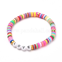 Bracelets extensibles de perles heishi en argile polymère, pour la Saint Valentin, avec des perles de lettre en acrylique et des perles d'espacement en laiton, mot d'amour, colorées, diamètre intérieur: 2-1/4 pouce (5.7 cm)