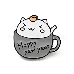 Spilla smaltata gatto tazza di caffè, parola felice anno nuovo badge in lega per vestiti zaino, elettroforesi nera, grigio, 22.5x24.5x2mm