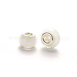 Perles européennes vernissées manuelles, perles de rondelle avec grand trou , en laiton de tonalité de platine noyaux doubles, floral blanc, 14~16x9~10mm, Trou: 5mm
