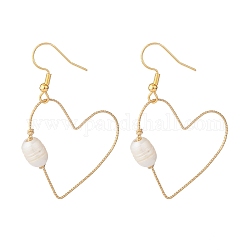 Pendientes colgantes de corazón abierto para mujer., Aretes colgantes de perlas naturales con envoltura de alambre, dorado, 50mm, pin: 0.7 mm