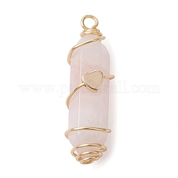 Pendentifs pointus enveloppés de fil de cuivre de quartz rose naturel, Breloques à facettes avec perles en forme de cœur en laiton doré., 34.5~37x10.5x12mm, Trou: 2.7mm