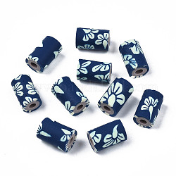 Handmade Polymer Clay Beads, Column with Jewelry Crafts Pattern, Marine Blue, 11x6~7.5mm, Hole: 2~3mm