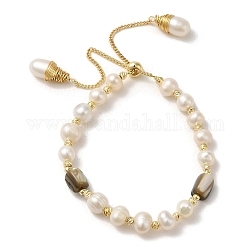 Natural Pearl & Shell Beaded Slider Bracelets, with Brass Chains, Real 14K Gold Plated, Inner Diameter: 1-3/4~2-7/8 inch(4.5~7.25cm) 
