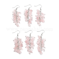 Orecchini pendenti con perline di quarzo rosa naturale, orecchini a grappolo di pietre preziose per le donne, platino, 66.5mm, ago :0.7mm