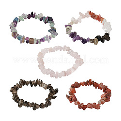 Fashewelry 5Pcs 5 Style Natural Mixed Stone Chip Beads Stretch Bracelets for Women, Inner Diameter: 1-3/4~2 inch(4.5~5.2cm), 1pc/style