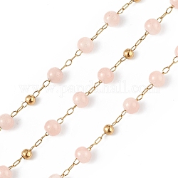 Dyed Natural Jade Round Beaded Chain, with Golden 304 Stainless Steel Satellite Chains, Unwelded, with Spool, Pink, 2.5x1x0.3mm, 5x4mm, 3mm, about 32.81 Feet(10m)/Roll