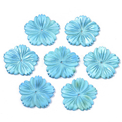 Natural Freshwater Shell Beads, Carved, Dyed, Flower, Cyan, 28x28x3mm, Hole: 1.6mm