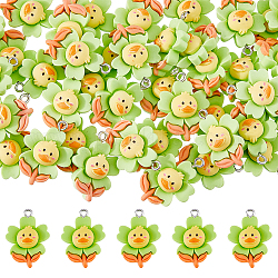 DICOSMETIC 60pcs Opaque Resin Pendants, Flower Charms with Duck, with Platinum Tone Iron Loops, Green Yellow, 26x18x8.5mm, Hole: 2mm