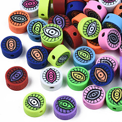 Handmade Polymer Clay Beads,  Flat Round with Eye, Mixed Color, 9~10x4~5mm, Hole: 1.8mm