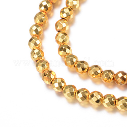 Electroplate Non-magnetic Synthetic Hematite Bead Strands, Round, Faceted, Golden Plated, 6mm, Hole: 1mm, about 65pcs/strand, 15.7 inch