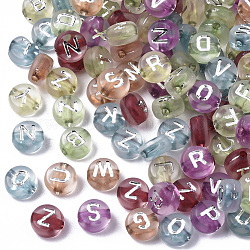 Transparente Acryl Perlen, horizontales Loch, flach rund mit versilbertem Buchstaben, Mischfarbe, 7x4 mm, Bohrung: 1.5 mm, über 3700pc / 500g