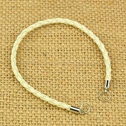 Braided PU Leather Cord Bracelet Making, with Brass Cord Ends and Iron JumpRings, Nice for DIY Jewelry Making, Beige, 173mm
