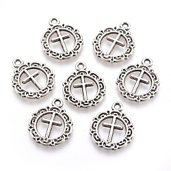 Tibetano rotonda e piatta stile con pendenti della lega croce,  cadmio& piombo libero, argento antico, 20x16x1mm, Foro: 2 mm