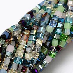 Chapelets de perles en verre électroplaqué, cube à facettes, couleur mixte, 4x4x4mm, Trou: 1mm, Environ 91 pcs/chapelet, 15.94 pouce