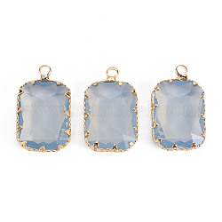 Transparent Glass Pendants, with Brass Prong Settings, Faceted, Rectangle, Light Gold, Light Steel Blue, 24x14x6mm, Hole: 1.6mm