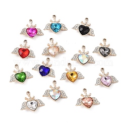 Alloy Rhinestone Pendants, Light Gold Tone Heart with Wing Charms, Mixed Color, 21.5x22.5x5.5mm, Hole: 2mm