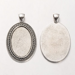Tibetan Style Alloy Oval Pendant Cabochon Settings, Cadmium Free & Lead Free, Antique Silver, 47x29x2mm, Hole: 5x7mm, Tray: 20x30mm, about 156pcs/kg