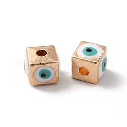 Perles d'émail en alliage, or clair, cube avec le mauvais œil, blanc, 5.5x6x6mm, Trou: 1.8mm