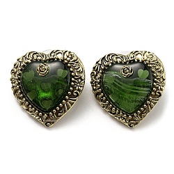 Cuore di vetro con orecchini a bottone con rose, orecchini antichi in lega d'oro con 925 perno in argento sterling, verde, 32x31.5mm